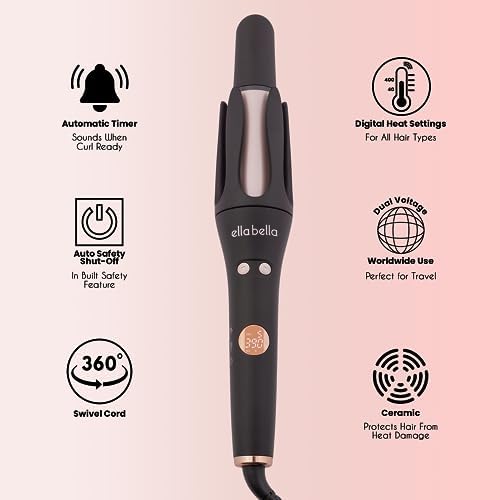 ELLA BELLA® Automatic Rotating Curling Iron • Auto Hair Curlers • Easy to Use • Digital Display to Accurately Control Temperature • Transform Your Look in Seconds • Ideal for Longer Hair