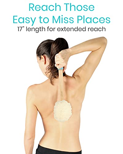 Vive 17” Shower Loofah with Long Handle - Exfoliating Back & Body Scrubber for Men & Women - Luffa Sponge on a Stick for Bathing, Cleaning - Includes Extra Handheld Lufa, Hook & String to Hang on Wall