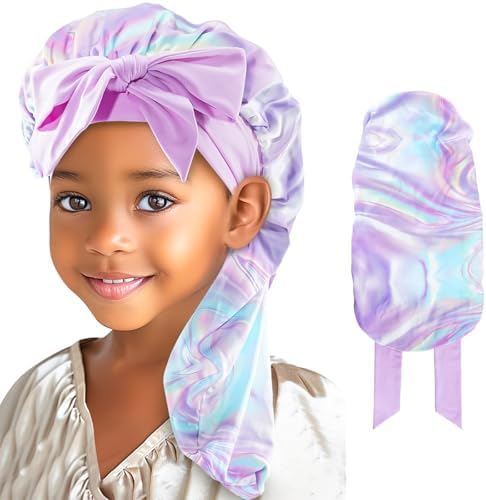Lolalet Kids Bonnets for Girls, Long Silk Bonnet for Sleeping Kids Satin Bonnet Cap with Tie Band for Dreadlocks Braid Afro Curly Hair -1 PCS, Laser