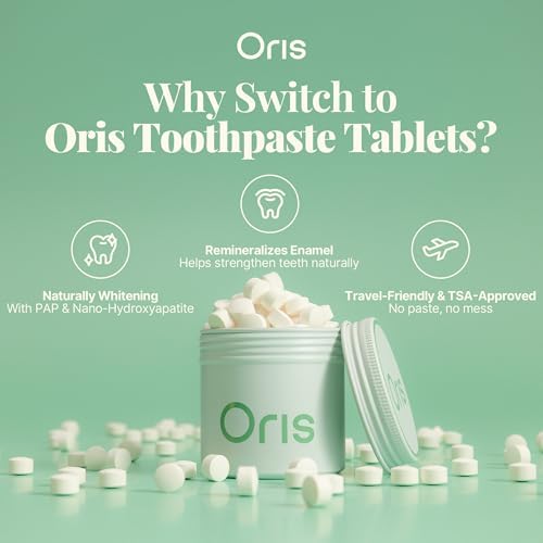 Oris Natural Toothpaste Tabs - Bite Toothpaste Tablets for Sensitive Teeth, TSA-Approved Plastic-Free & Kid-Friendly Zero Waste Travel Tabs - 62ct (Peppermint)