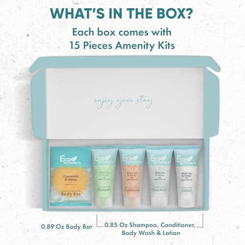 Eco Botanics Amenity Kit | Boxed Hotel Toiletries | Bulk Set .85 oz Travel Size Shampoo, Conditioner, Lotion, Body Wash & Body Bar Soap for Guest Hospitality AirBnB/Vacation Rentals | 15 sets per case