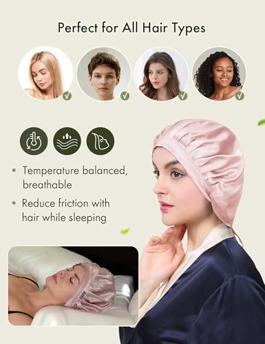 LilySilk 100% Mulberry Silk Bonnet, Silk Night Sleep Cap Adjustable Hair Wrap for Sleeping, Rosy Pink