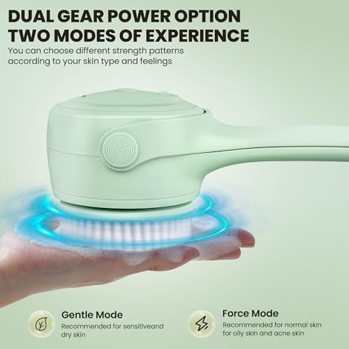 Electric Body Brush Back Scrubber for Shower – Waterproof Dual-Speed Bath Brush Long Handle with 4 Heads, Rechargeable Silicone Body Scrubber for Cleansing, Exfoliating and Massaging Skin Green