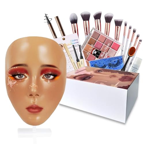 Makeup Mannequin Face Kit, Silicone Face for Makeup Practice Full Face for Must Haves, Mannequin Eye Face for Makeup Practice with Makeup Brushes Set & Eye Shadow & Eyebrow Pencil(Wheat)