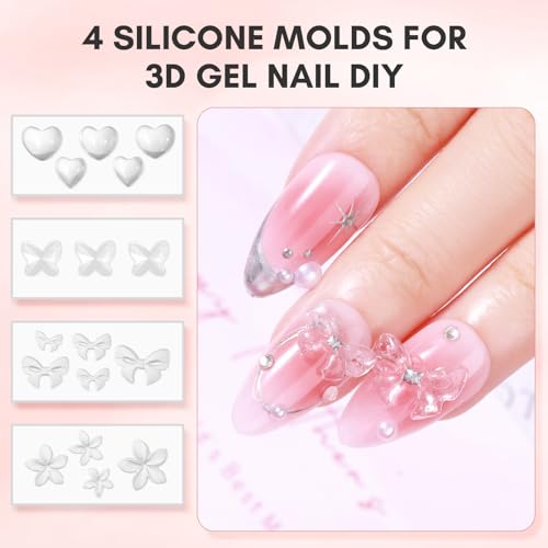 Makartt Solid Gel Builder Mini Kit for 3D Gel Nail Art - 15ML 4 in 1 Nail Extension Gel, 4pcs Silicone Molds, 1 Sculpting Brush, UV Glue for Acrylic Nails Rhinestones Gel Molding Manicure Hard Gel Kit