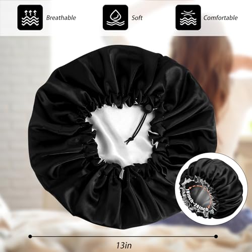Satin Silk Bonnet for Curly Hair Braid Bonnets for Sleeping for Women Large Double-Layer Adjustable(Black&Blue Zircon)