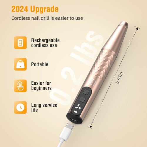 Professional Nail Drill Kit, Electric Nail File for Acrylic/Gel Nails,12 Bits, Adjustable Speeds, Portable Cordless Electric Nail Tools for Home & Salon Use
