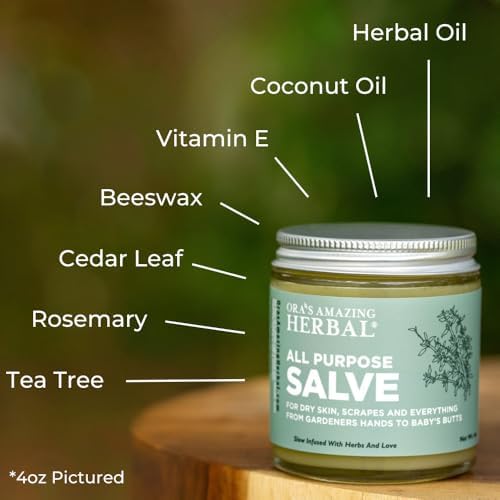 Ora's Amazing Herbal All Purpose Salve, Herbal Healing Skin Balm with Tea Tree, Natural Cream for Dry Cracked Hands, Comfrey Calendula Plantain Thyme Beeswax, Soothing Itch Relief, 4 oz