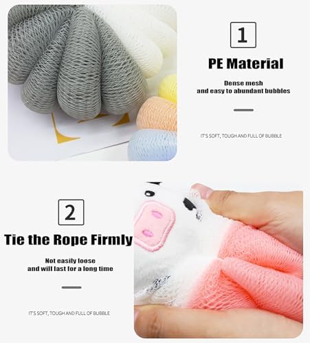 MURRI&MURRDI 4 Pcs Bath Poufs for Kids, Lovely Animal Body Scrubbers for Toddler, Exfoliating Child Bath Loofahs 55g (4 Cartoon)