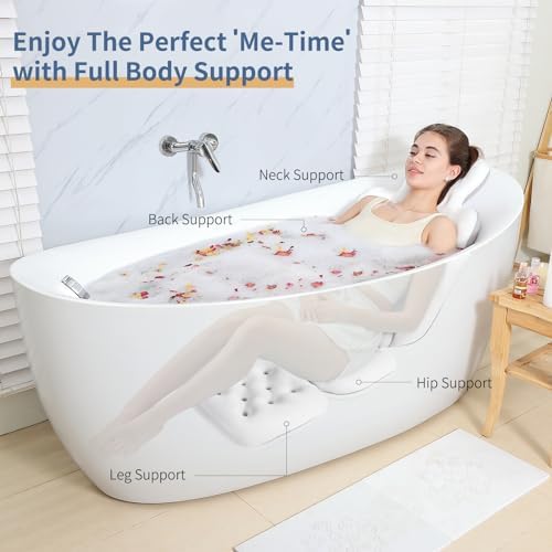 Luxury Bath Cushion, Full Body Bathtub Pillow with 160 Suction Cups, Bath Mat for Head and Neck Support, with Laundry Bag (White, 51.2" x 16.2")