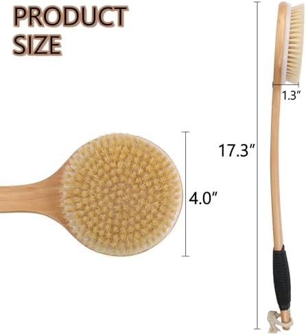 OWIIZI Round Head Back Scrub Brush for Body Shower, Wooden Long Handle Bristles Tub Soaping Bath Brushes, Skin Exfoliator Scrubber Brush for Men Women Elderly Wet or Dry Use