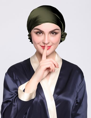 LilySilk Silk Bonnet for Sleeping Womens Sleep Cap 100% 19MM Mulberry Silk for Long Curly Hair Adjustable Stretchy Olive Green