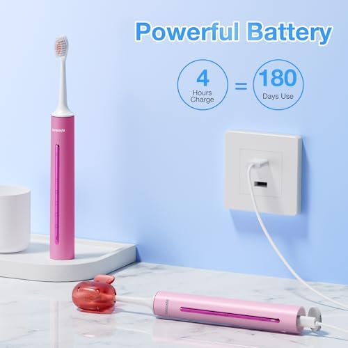 Sonic Electric Toothbrush with 8 Brush Heads for Adults & Kids 3+, One Charge for 180 Days, 5 Modes, Smart Timer, IPX7 Waterproof, Rechargeable Toothbrush with Brush Cover, Dark Pink