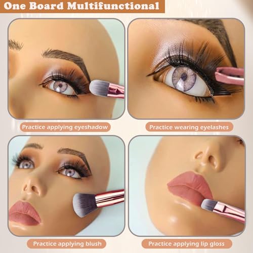 Makeup Mannequin Face Kit, Silicone Face for Makeup Practice Full Face for Must Haves, Mannequin Eye Face for Makeup Practice with Makeup Brushes Set & Eye Shadow & Eyebrow Pencil(Wheat)