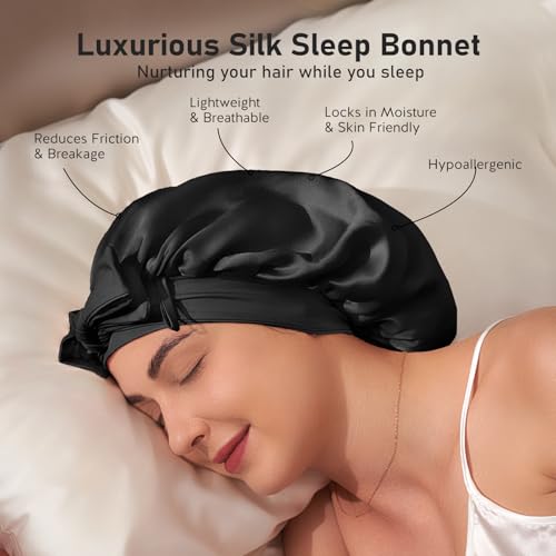 LitBear 100% Mulberry Silk Bonnet for Sleeping Women, 6A 22 Momme, Large Double-Layer Silk Hair Wrap with Tie Band, Non-Slip Turban, Includes Silk Scrunchie