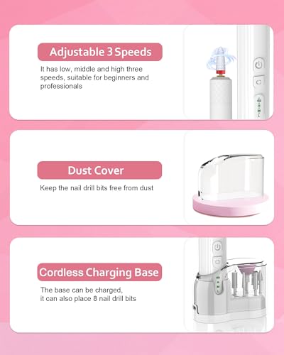 Nail Drill,Cordless Electric Files for Gel Nails E-File Manicure Kit Women Rechargeable Drill para Uñas Profesional Machine Grinder Acrylic White (M918)