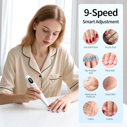Electric Nail Drill Kit Professional - 9 Speed Cordless Electric Nail File with LED Display, Portable Nail Drill Machine for Acrylic Gel Nails, Hand Feet Trimmer Buffer Tool for Women Men Baby White