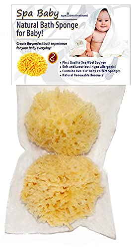 Spa Baby Absorbent Natural Bath Sponge Spa Destinations. Ultra Soft Premium Sea Wool Sponge, Biodegradable, Bath Accessories Baby and Kids, Infant Bath. Two (2) Pack 3-4 inch for Moms