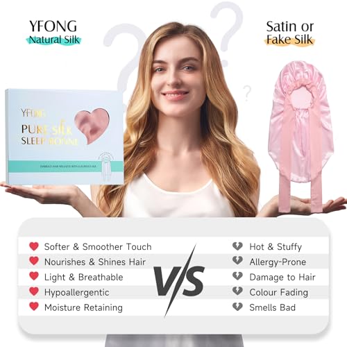 YFONG 22 Momme 100% Mulberry Silk Bonnet for Sleeping Women Long Hair, Double-Layered Silk Hair Bonnet with Elastic Tie Band, Extra Long Sleep Cap for Braids Curly Hair Care, 1Pc, Pink