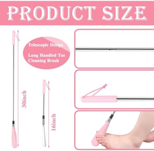 Toe Cleaning Brush Lotion Applicator for Feet with 6 Reusable Drying Covers Foot Cleaner with Telescopic Stainless Steel 16-30 Inch Handle Toe Scrubber for Elderly Disabled Men Women (Pink)