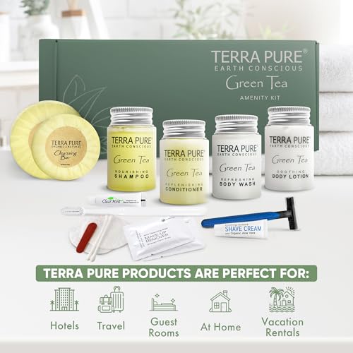 Terra Pure Green Tea Amenity & Accessory Kit | 1 oz Travel Size Shampoo, Conditioner, Lotion, Body Wash, 2 Soap Bars, Shave & Dental Sets, Make-Up Remover Wipes, & Vanity Kit | 60 sets per case