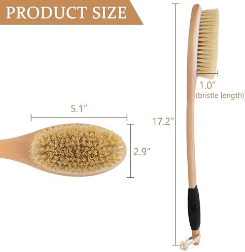 OWIIZI Back Scrubber Brush for Shower, Long Stiff Bristle Body Bath Brushes, Wooden Curved Long Handle Skin Exfoliator for Men Women Wet or Dry Use