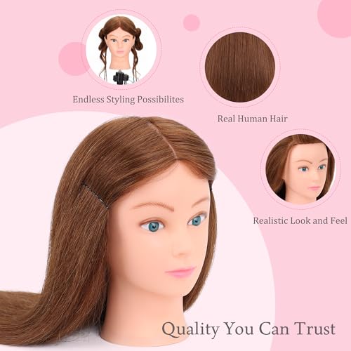 Mannequin Head Human Hair 22"-24" Female 100% Human Hair Mannequin Head Hair Styling Cosmetology Manikin Head Doll Head for Hairdresser with Clamp Holder and Tools (dark brown)