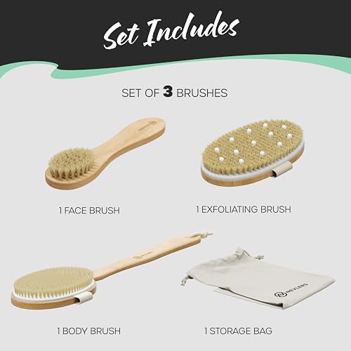 Nevlers Natural Boar Bristle Dry Brushing Body Brush 4-Piece Massage Set | Detachable Long Wooden Handled Back Scrubber, Exfoliating Body Scrubber, Small Exfoliating Face Brush, & Cloth Travel Bag