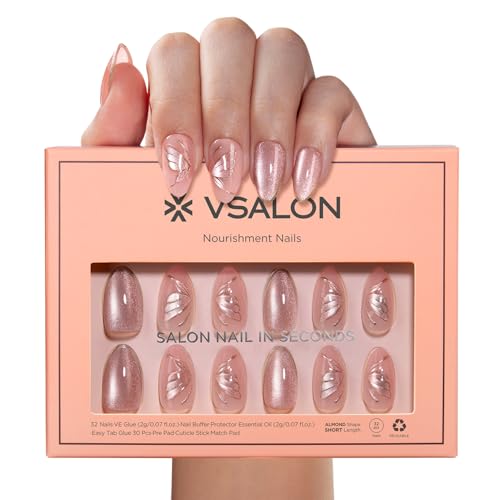 VSALON Press On Nails Short Almond - Pink Cat Eye Semi-Transparent Metallic Design Stick On Nails Kit for Women, Reusable Soft Gel Glue on Nails & Cuticle Oil, Tabs & Nail File - 32 PCS in 16 Sizes