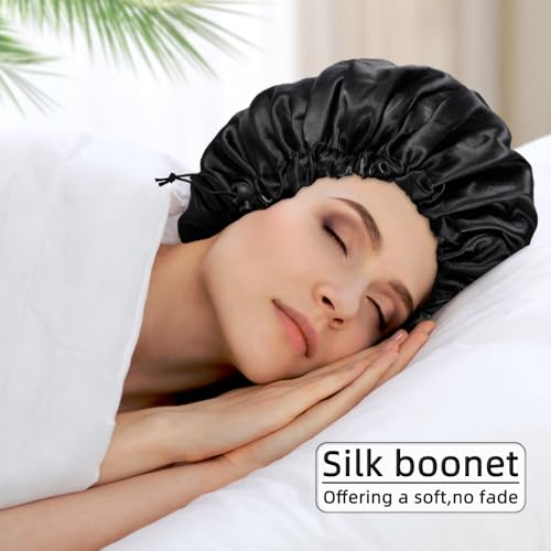 Satin Silk Bonnet for Curly Hair Braid Bonnets for Sleeping for Women Large Double-Layer Adjustable(Black&Blue Zircon)
