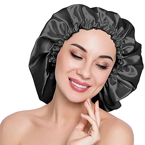 Silky Night Sleeping Cap Satin Bonnet for Curly Hair Adjustable Hair Bonnet Reversible Double Layer X-Large Jet Black