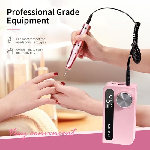 Professional Electric Nail Drill File,Cordless Portable Nail Drill 45000 RPM, Rechargeable Nail File Machine for Acrylic Nails Gel Polishing,Nail Kit for Manicure Salon Home（Pink）