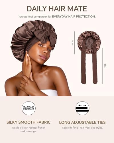 Silk Bonnet for Sleeping Women Double Layer HYALURONIC Acid Infused Satin Bonnet with Tie Band Sleep Cap for Curly Hair