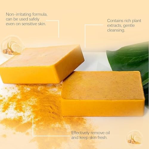 Turmeric Soap + African Net Sponge, Lemon Turmeric Kojic Soap Bar and Exfoliator Bath Sponge Set for Face and Body, Deep Cleansing Exfoliating Moisturizing Smooth Skin