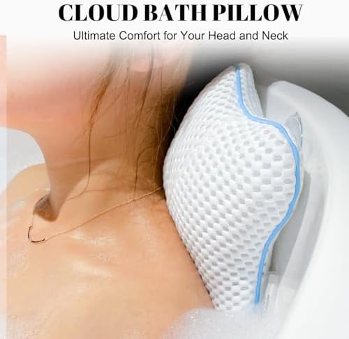Non Slip Bath Pillow, Luxury Spa Bathtub Head & Neck Rest Support, Permeable Quick Drying Air Mesh Tub Pillow with 4 Large Suction Cups, Fits Any Tubs, Soft and Relaxing