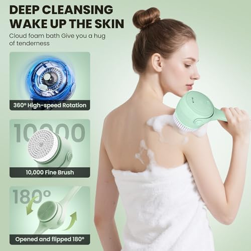 Electric Body Brush Back Scrubber for Shower – Waterproof Dual-Speed Bath Brush Long Handle with 4 Heads, Rechargeable Silicone Body Scrubber for Cleansing, Exfoliating and Massaging Skin Green