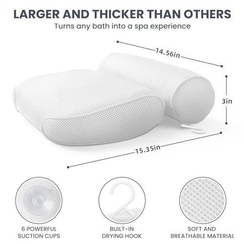 LuxStep Bath Pillow Bathtub Pillow with 6 Non-Slip Suction Cups for Head,Neck and Back Support, Extra Thick and Soft Air Mesh Spa Pillow for Bath - Fits All Bathtub, 15.35x14.56 Inch, White