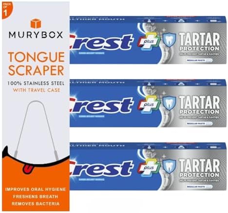 Tartar Protection Regular Paste, 5.7 oz (Pack of 3). Helps Control Tartar and Prevent Cavities | Cavity Protection Toothpaste + Tongue Cleaner MB with Travel Case