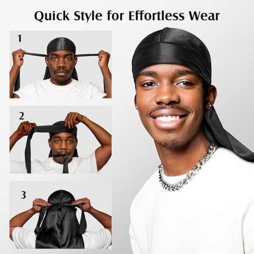 YFONG 100% 22 Momme Mulberry Silk Durags for Men Women, Extra Long Strap Silky Durag, Breathable and Soft Do Rag for 360 Waves, Perfect for Nourishing Your Hair and Fashionable Outfits, 1Pc, Black