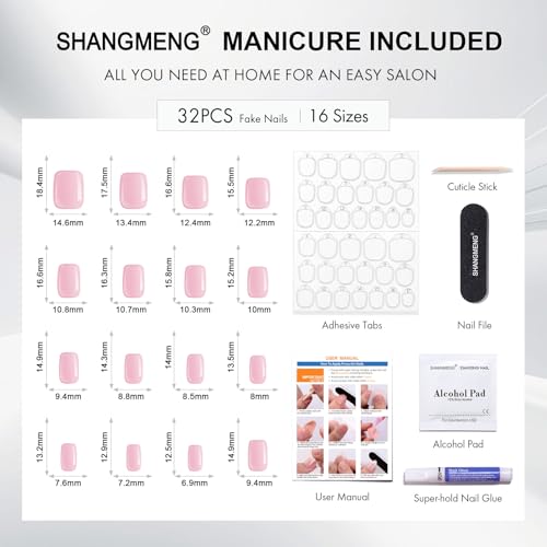 Pearl White Press on Nails Short - Soft Gel Chrome Press on Nails Square for Women Gift, Glossy Glue on Nails in 16 Sizes - 32 Reusable Fake Nails with Glue, Pearl White