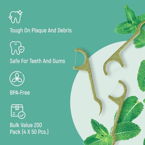 Natural Dental Floss Picks - Eco Friendly Cruelty Free & Vegan Tooth Flossers Pick Set with BPA Free Handle & Zero Waste Packaging - 200 Pack (Mint Flavored)