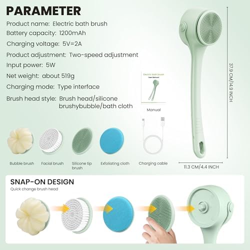 Electric Body Brush Back Scrubber for Shower – Waterproof Dual-Speed Bath Brush Long Handle with 4 Heads, Rechargeable Silicone Body Scrubber for Cleansing, Exfoliating and Massaging Skin Green