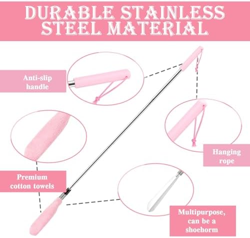 Toe Cleaning Brush Lotion Applicator for Feet with 6 Reusable Drying Covers Foot Cleaner with Telescopic Stainless Steel 16-30 Inch Handle Toe Scrubber for Elderly Disabled Men Women (Pink)