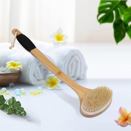 OWIIZI Back Scrub Brush for Shower,Stiff Boar Bristles Bamboo Curved Long Handle Antiskid Body Bath Brush for Back Use Wet or Dry,Deep Cleanse Large Surface Back Scrubber
