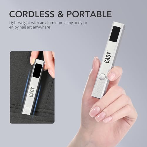 GAOY Cordless Nail Lamp with Stand, Mini Handheld UV Light with LCD Display for Gel Nails, Rechargeable USB Nail Dryer for Fast Curing, Silver