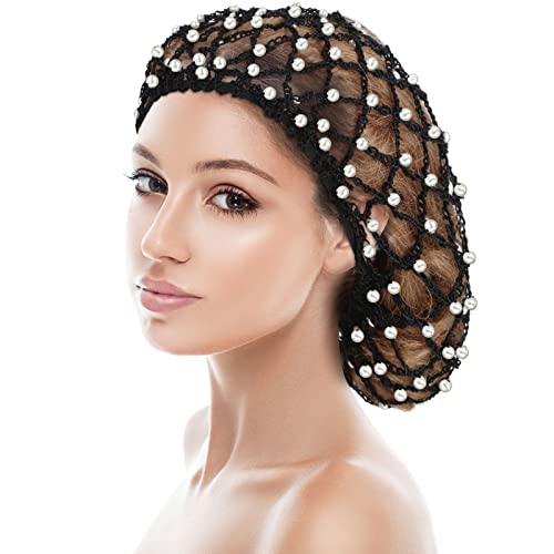 MTLEE 2 Pcs Black and Gray Mesh Crochet Pearl Hair Snood Rayon Knit Crocheted Sleeping Cap Net for Women Long Curly Hair