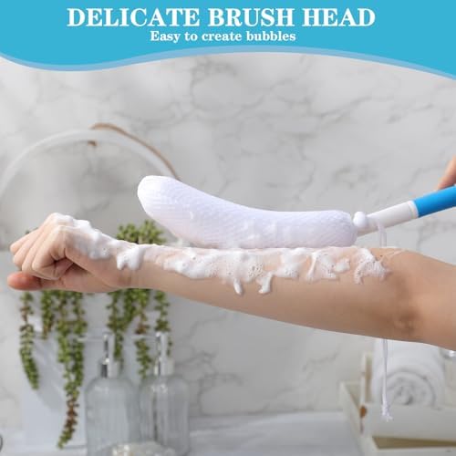 Sunnyray 2 Pack 15.35 Inch Long Anti-Slip Curve Handled Bath Body Brush, Body Back Bath Brush with Sponge Soft Blue Rubbing Back Shower Brush for Elderly Aid Bathing and Shower