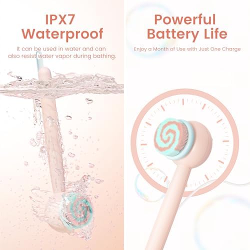 Electric Back Scrubber for Shower Body Brush, Waterproof Automatic Body Scrubber for Cleansing, Massaging and Exfoliating, Spinning Bath Brush with 2 Heads & 3 Speed Modes, Berry Pink
