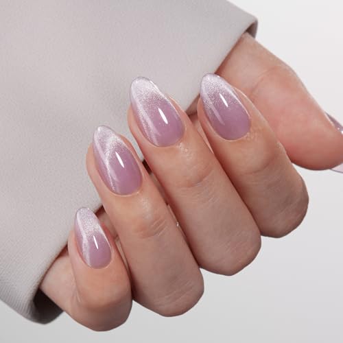 VSALON Press On Nails Short Almond, 32 Pcs 16 Sizes Purple Cat Eye Press On Nails French Tip Acrylic Fake Nails With UV Glue Reusable Stick On Nails Semi-transparent False Nails Summer Gifts For Women