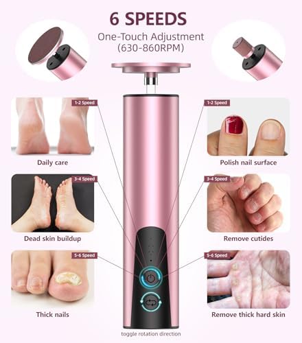 Wireless Electric Foot Callus Remover(6 Speed), 2 in 1 Rechargeable Electric Foot Sander with Sandpaper Disk , Callus Remover for Feet for Dead Skin , Pedicure Tool for Feet-Pink